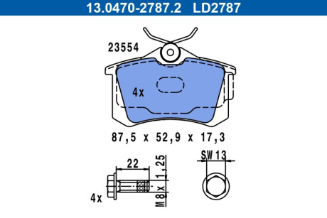 ГАЛЬМІВНІ КОЛОДКИ. SKODA T. FABIA/KAMIQ/OCTAVIA/RAPID/ROOMSTER/SCALA/SUPERB/YETI 1.0-2.8 01- КЕРАМІКА ATE 13.0470-2787.2