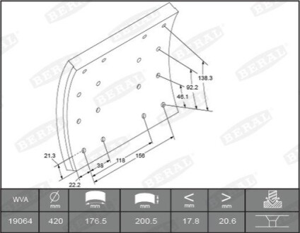 OkЕ‚adzina szczД™k hamulcowych przГіd/tyЕ‚ (420x200. 1-nadwymiar) pasuje do: DAF 65, 65 CF, 75, 75 CF, 85, 85 CF, 95, 95 XF, F 2300, F 2700, F 2900 07.78-09.02 BERAL KBL19063.1-1616