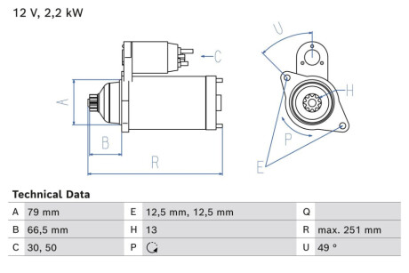 СТАРТЕР VW (VOLKSWAGEN) CRAFTER 30, CRAFTER 35, CRAFTER 50, CRAFTER 55, GRAND CALIFORNIA, TRANSPORTER T6 BOSCH 0986026340