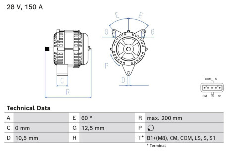 Alternator (28V, 150A) pasuje do: MERCEDES CITARO (O 530) 10.7D/7.7D 05.12- BOSCH 0.986.085.300