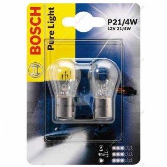 Лампа розжарювання P21/4W 12V 21/4W PURE LIGHT (blister 2шт) (вир-во) BOSCH 1987301015 (фото 1)