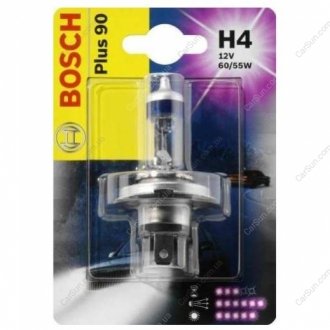Лампа розжарювання H4 12V 60/55W P43t PLUS 90 blister (вир-во) BOSCH 1987301077 (фото 1)