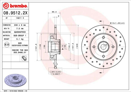 TARCZA HAMULCOWA TYL XTRA Z LOZYSKIEM BREMBO 08.9512.2X