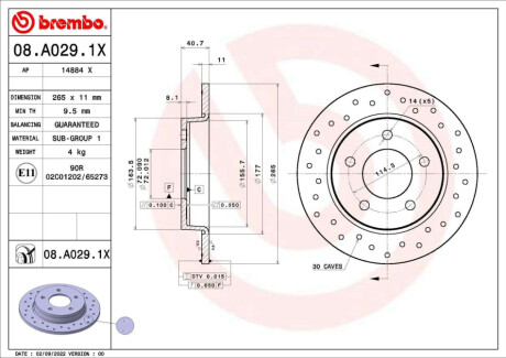 ЗАДНІЙ ГАЛЬМУВАЛЬНИЙ ДИСК 265X11 P XTRA BREMBO 08.A029.1X