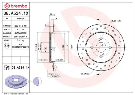 ЗАДНІЙ ГАЛЬМУВАЛЬНИЙ ДИСК 259X9 P XTRA BREMBO 08.A534.1X