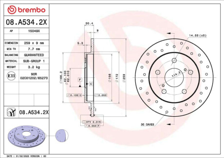 Диск гальмівний (задній) Toyota Auris/ Corolla 06- (259x9) PRO BREMBO 08A5342X