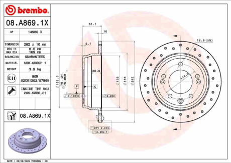 TARCZA HAMULCOWA XTRA TYL BREMBO 08.A869.1X (фото 1)