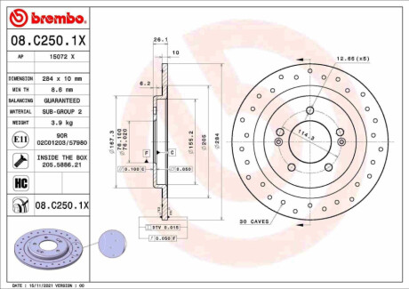 ЗАДНІЙ ГАЛЬМУВАЛЬНИЙ ДИСК 284X10 P XTRA BREMBO 08.C250.1X