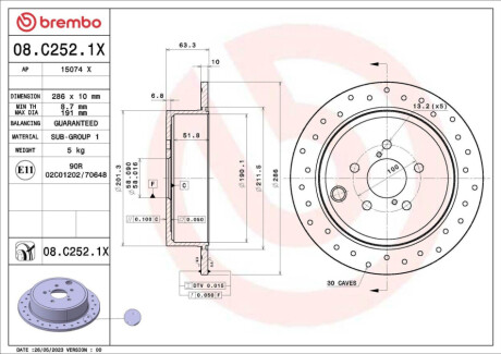 ЗАДНІЙ ГАЛЬМУВАЛЬНИЙ ДИСК 286X10 P XTRA BREMBO 08.C252.1X