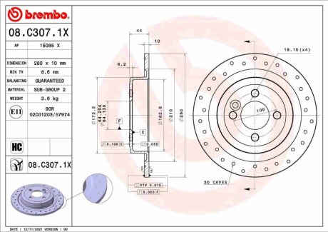 TARCZA HAMULCOWA XTRA TYL BREMBO 08.C307.1X