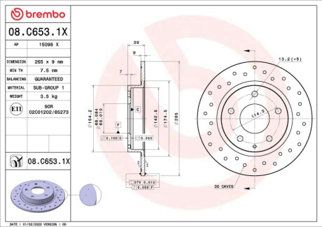 Диск гальмівний (задній) Mazda 3 13-/CX-3 15- (265x9) PRO BREMBO 08C6531X