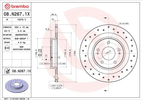 Диск гальмівний (задній) Mitsubishi Outlander 12-/Peugeot 4008 1.6/1.8HDi 12- (302x10) BREMBO 08N2671X