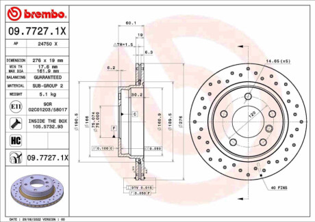 ЗАДНІЙ ГАЛЬМУВАЛЬНИЙ ДИСК 276X19 V XTRA BREMBO 09.7727.1X