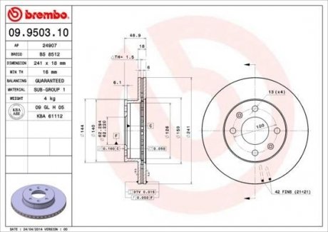 Тормозной диск - (DF4458 / 5171207500) BREMBO 09.9503.10 (фото 1)