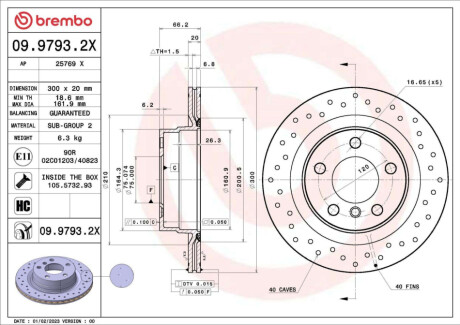 Диск тормозной (задний) BMW 1 (E81/E87)/3 (E90/E91/E92) 05-13 (300x20) BREMBO 0997932X