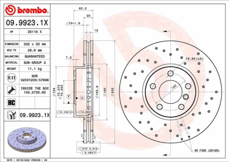 ПЕРЕДНИЙ ГАЛЬМУВАЛЬНИЙ ДИСК 332X30 V XTRA BREMBO 09.9923.1X