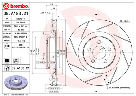 ПЕРЕДНИЙ ГАЛЬМУВАЛЬНИЙ ДИСК 360X32 V BREMBO 09.A183.21