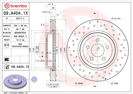 ПЕРЕДНИЙ ГАЛЬМУВАЛЬНИЙ ДИСК 345X28 V XTRA BREMBO 09A4041X (фото 1)