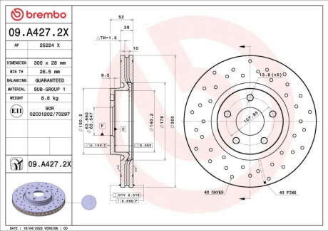 ПЕРЕДНИЙ ГАЛЬМУВАЛЬНИЙ ДИСК XTRA BREMBO 09.A427.2X