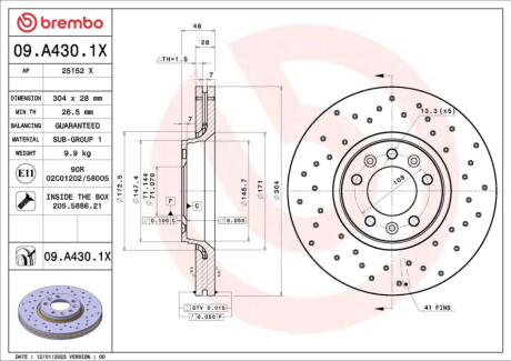 ПЕРЕДНИЙ ГАЛЬМУВАЛЬНИЙ ДИСК 304X28 V XTRA BREMBO 09A4301X