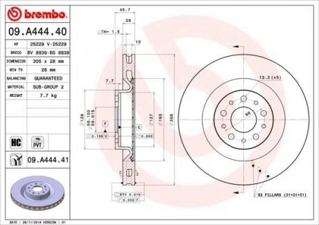 Тормозной диск - (569087 / 51897455 / 51914663) BREMBO 09.A444.40 (фото 1)