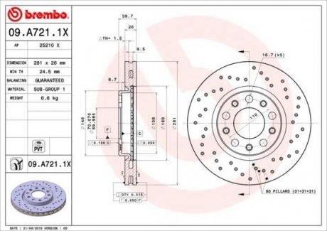 Гальмівний диск BREMBO 09.A721.1X (фото 1)