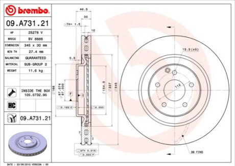 ПЕРЕДНИЙ ГАЛЬМУВАЛЬНИЙ ДИСК 345X30 V BREMBO 09.A731.21 (фото 1)