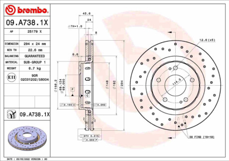 ПЕРЕДНИЙ ГАЛЬМІВНИЙ ДИСК 294X24 V XTRA BREMBO 09.A738.1X