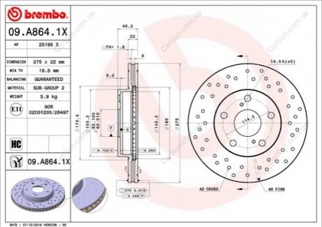 TARCZA HAM.PRZOD XTRA TOYOTA AURIS BREMBO 09.A864.1X