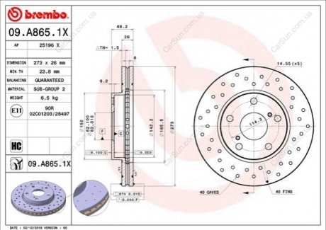 ПЕРЕДНИЙ ГАЛЬМУВАЛЬНИЙ ДИСК 273X26 V XTRA BREMBO 09.A865.1X (фото 1)