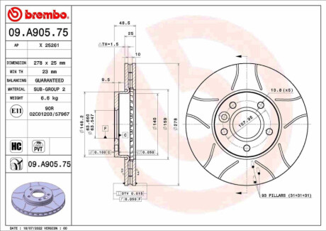 ПЕРЕДНИЙ ГАЛЬМІВНИЙ ДИСК 278X25 V МАКС BREMBO 09.A905.75