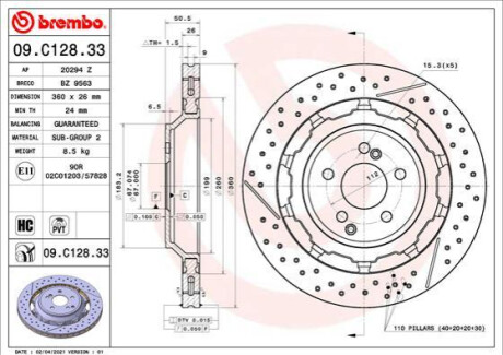 TARCZA HAMULC. MERCEDES W222 S-KLASA 13- TYЈ (OE-A2224232012) BREMBO 09.C128.33