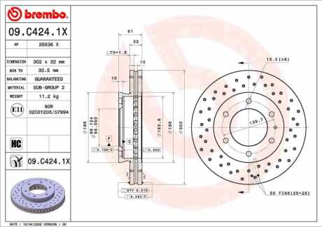 ПЕРЕДНИЙ ГАЛЬМУВАЛЬНИЙ ДИСК 302X32 V XTRA BREMBO 09.C424.1X