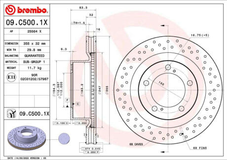 Диск гальмівний передній BREMBO 09.C500.1X