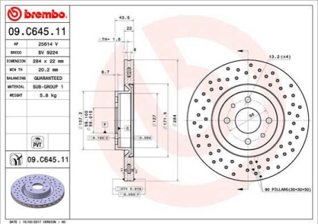 ПЕРЕДНИЙ ГАЛЬМУВАЛЬНИЙ ДИСК 284X22 V BREMBO 09.C645.11 (фото 1)