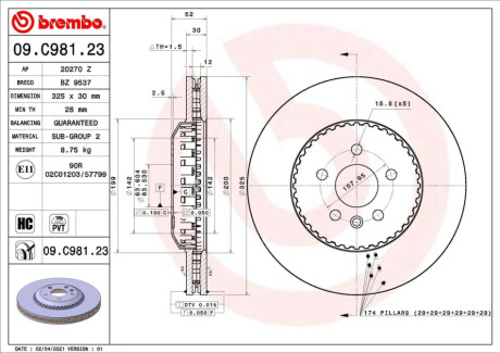 ПЕРЕДНИЙ ГАЛЬМУВАЛЬНИЙ ДИСК 325X30 V 2-Ч BREMBO 09.C981.23