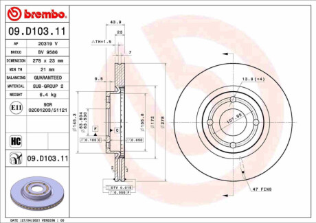 Гальмівний диск BREMBO 09.D103.11