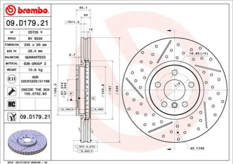 ПЕРЕДНИЙ ГАЛЬМУВАЛЬНИЙ ДИСК 335X30 V BREMBO 09.D179.21 (фото 1)