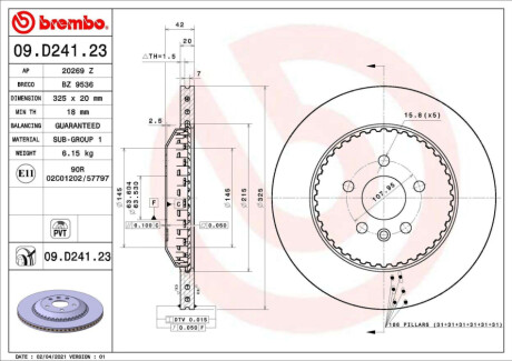 ЗАДНІЙ ГАЛЬМУВАЛЬНИЙ ДИСК 325X20 V 2-Ч BREMBO 09.D241.23