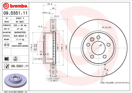 ПЕРЕДНИЙ ГАЛЬМУВАЛЬНИЙ ДИСК 325X30 V BREMBO 09.D351.11 (фото 1)