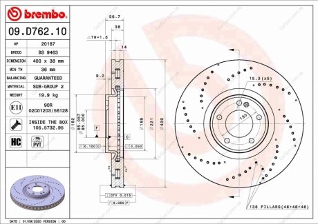 ПЕРЕДНИЙ ГАЛЬМУВАЛЬНИЙ ДИСК 400X38 V BREMBO 09.D762.10