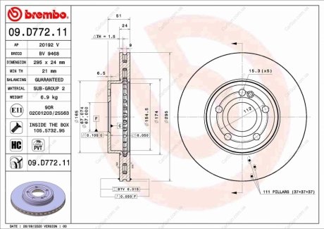 ПЕРЕДНИЙ ГАЛЬМУВАЛЬНИЙ ДИСК 295X24 V BREMBO 09.D772.11 (фото 1)