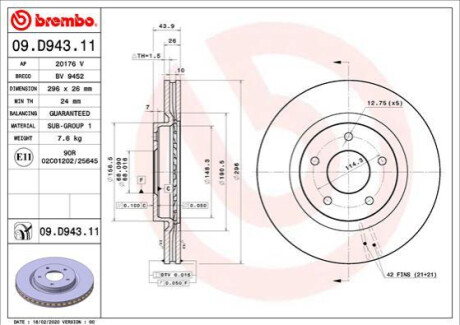 TARCZA HAMULCOWA PRZOD BREMBO 09.D943.11