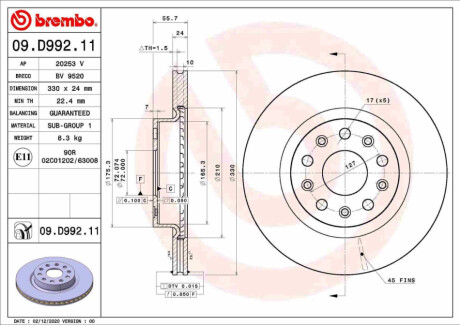 ПЕРЕДНИЙ ГАЛЬМУВАЛЬНИЙ ДИСК 330X24 V BREMBO 09.D992.11