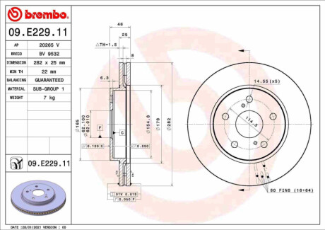 ПЕРЕДНИЙ ГАЛЬМУВАЛЬНИЙ ДИСК 282X25 V BREMBO 09.E229.11 (фото 1)