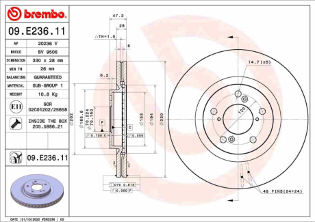 Диск гальмівний передній BREMBO 09.E236.11