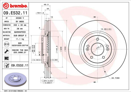 ПЕРЕДНИЙ ГАЛЬМУВАЛЬНИЙ ДИСК 330X30 V BREMBO 09.E532.11