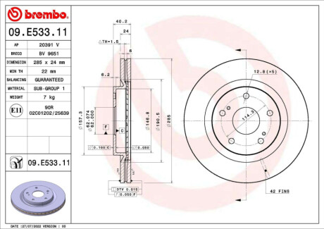 ПЕРЕДНИЙ ГАЛЬМУВАЛЬНИЙ ДИСК 285X24 V BREMBO 09.E533.11