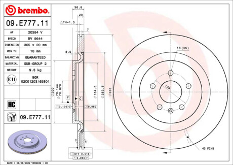 Tarcza ham. tył NIO EC6 07/20-> / NIO ES8 12/22-> / NIO ET7 01/21-> BREMBO 09E77711