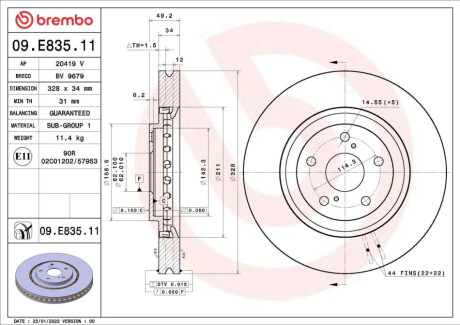 ПЕРЕДНИЙ ГАЛЬМУВАЛЬНИЙ ДИСК 328X34 V BREMBO 09.E835.11